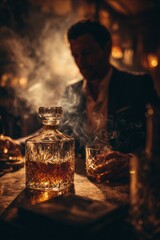 Dramatic whiskey decanter with smoky atmosphere in bar