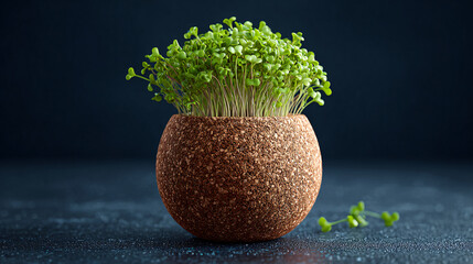 Fresh Microgreens in a Textured Clay Pot on a Dark Surface Showcasing Healthy Plant Growth in a Modern Kitchen Setting