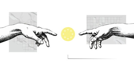 Symbolic hands reaching for a central yellow circle with stars, evoking connection, creation, and unity in a minimalist design.