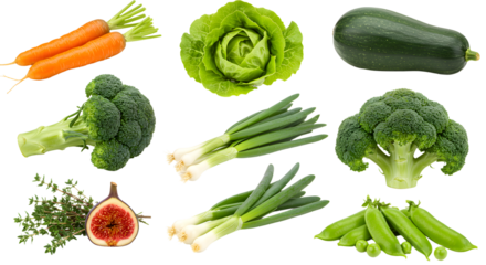 Fresh fresh vegetables set with carrots, lettuce, broccoli, zucchini, green onions, thyme, peas, and fig isolated on white background