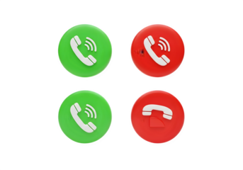 Image of super premium transparent photo of four circular buttons with phone icons, two green for call and two red for end call, isolated on transparent background