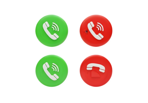 Image of super premium transparent photo of four circular buttons with phone icons, two green for call and two red for end call, isolated on transparent background