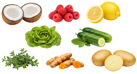 Fresh healthy vegetables and fruits including coconut, raspberries, lemon, lettuce, cucumber, herbs, turmeric and potatoes on white background, perfect for nutrition and cooking