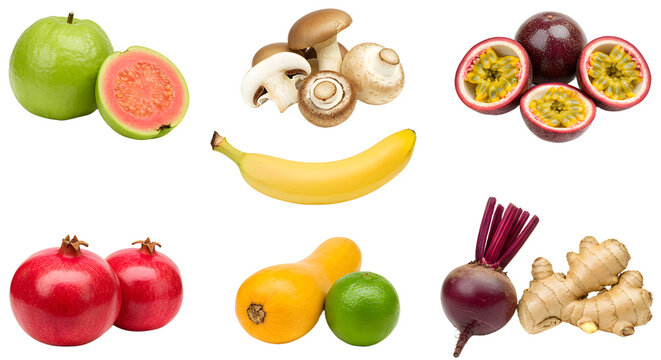 Fresh tropical fruits and vegetables assortment including guava, passion fruit, pomegranate, banana, squash, lime, beetroot, mushrooms and ginger, healthy food concept