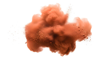 An energetic explosion of warm reddish-brown powder, creating an abstract cloud of fine clay dust particles suspended in mid-air and isolated on a white background
