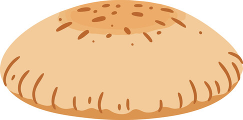 Simple cartoon illustration of a light brown, round flatbread with specks on top, resembling a pita or baked bun.