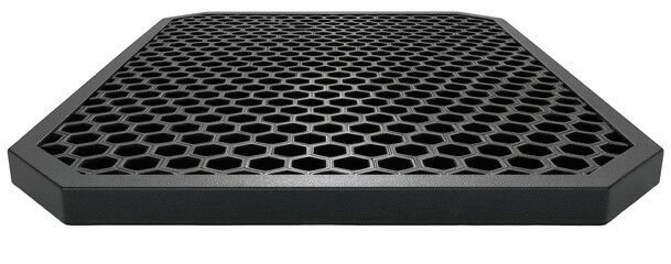 Dark gray, hexagonal grid panel with beveled edges