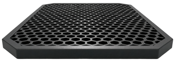 Dark gray, hexagonal grid panel with beveled edges