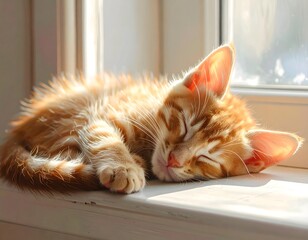 Ginger tabby kitten curled up asleep on a windowsill in the sun.