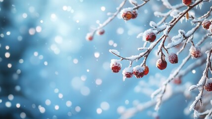 A snowy branch with red berries against a blue background with snowflakes falling.