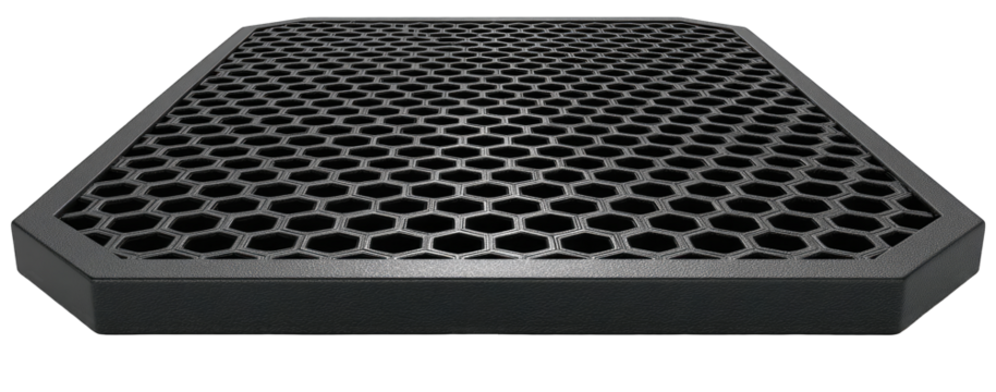 Dark gray, hexagonal grid panel with beveled edges