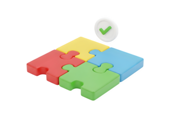 Image of super premium transparent photo of four colorful puzzle pieces interlocked with a green checkmark symbol, isolated on transparent background