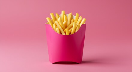 Hot French fries in a pink paper box against a vibrant pink backdrop&mdash;perfect for fast food, snack culture, and minimalist food styling.