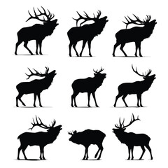 Elk bugling silhouette set black and white illustration
