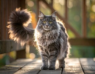 A majestic long-haired gray tabby cat with a bushy tail stands on a sunlit wooden deck, beautifully backlit by golden afternoon light.
