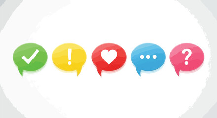 Five colorful speech bubbles with various symbols like checkmark, exclamation, heart, ellipsis, and question mark, representing communication and feedback.