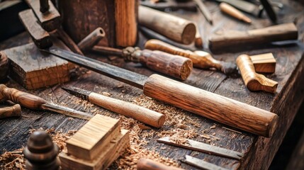 A wooden table with various woodworking tools and wood shavings.
