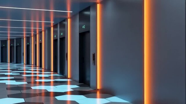 Modern Office Building Interior with Elevators and Futuristic Neon Lighting Design