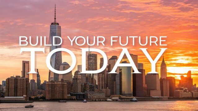Inspirational Skyline with Text Overlay Featuring Message About Building Future Today