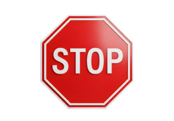Image of super premium transparent photo of red stop sign with white border and text, isolated on transparent background