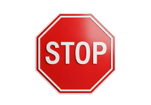 Image of super premium transparent photo of red stop sign with white border and text, isolated on transparent background