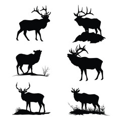 Naklejka premium Elk hunting silhouette set black and white illustration
