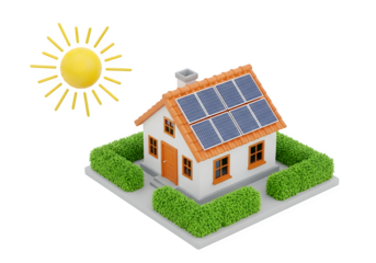 Image of super premium transparent photo of a small house with solar panels on the roof and a sun icon, isolated on transparent background