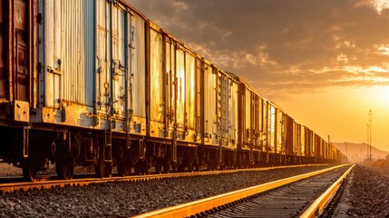 Fototapeta premium Sunset Over Train Cars on Railway Tracks with Golden Light and Dramatic Sky