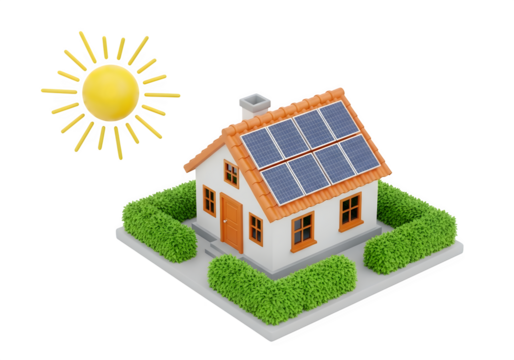 Image of super premium transparent photo of a small house with solar panels on the roof and a sun icon, isolated on transparent background