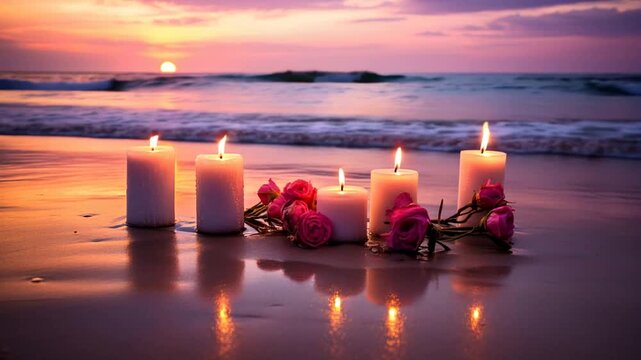 Candles by the sea, a romantic image for Valentine's Day, weddings, and celebration.