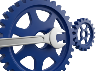 Image of super premium transparent photo of closeup of a silver wrench engaging with a large blue gear, with a smaller blue gear in the background, isolated on transparent background