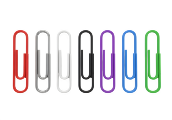 Image of super premium transparent photo of a row of seven colorful paper clips, including red, silver, white, black, purple, blue, and green, isolated on transparent background