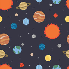 SOLAR SYSTEM seamless pattern background cute simple clean flat illustration vector decorative wallpaper universe outer space theme kiddy backdrop repeated tile