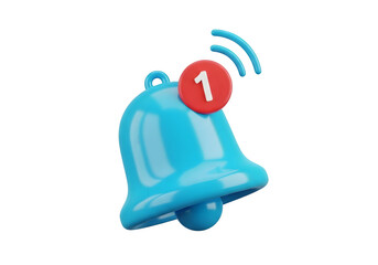 Image of super premium transparent photo of a 3d render of a bright blue notification bell with a red circle displaying the number 1 and radiating waves, isolated on transparent background