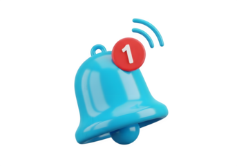 Image of super premium transparent photo of a 3d render of a bright blue notification bell with a red circle displaying the number 1 and radiating waves, isolated on transparent background