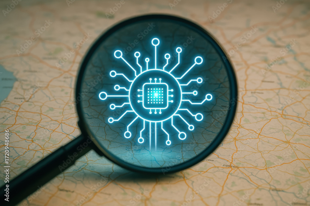 Poster magnifying glass focuses on glowing digital circuit concept over map background highlighting technol