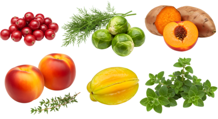 Fresh assorted fruits and herbs including cranberries, brussels sprouts, apricots, peaches, starfruit, thyme, and mint, perfect for healthy cooking and garnishing