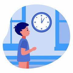 Young boy checking time on wall clock in blue interior setting  