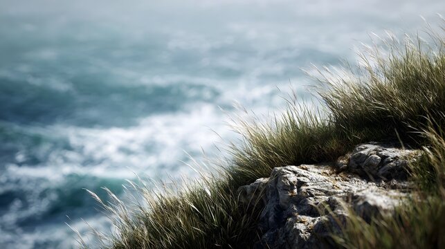 Coastal cliff edge with windswept grass overlooking a dynamic blue ocean with white capped waves