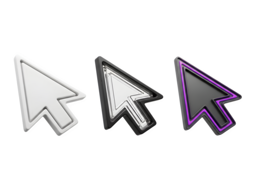 Image of super premium transparent photo of three computer mouse cursors in different colors white, black, and black with purple outline, isolated on transparent background