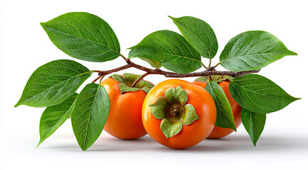 Full sweet persimmons accompanied by green leaves