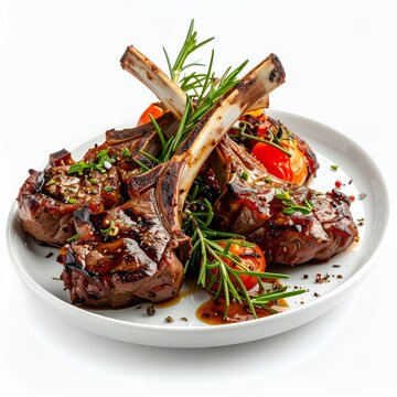 Grilled lamb chops plated exquisitely, adorned with rosemary and ripe tomatoes on white background