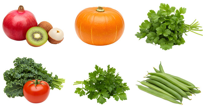Fresh assortment of colorful fruits and vegetables including pomegranate, kiwi, pumpkin, kale, tomato, cilantro, and green beans on white background