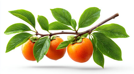 Full sweet persimmons accompanied by green leaves