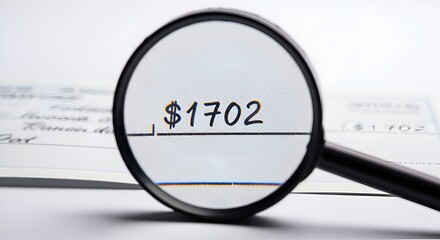 A magnifying glass focusing on the numbers “$1702” on a check, white background