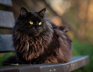 A fluffy long-haired black cat with striking yellow eyes sitting calmly on a park bench outdoors.