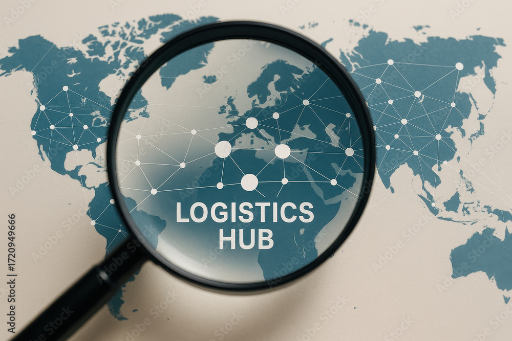 Aufkleber logistics hub concept highlighted with magnifying glass over world map showing global network connec