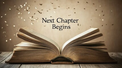 Retirement Banner with Book Theme - open book pages turning, "Next Chapter Begins" in stylish font