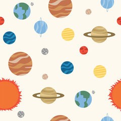 SOLAR SYSTEM seamless pattern background cute simple clean flat illustration vector decorative wallpaper universe outer space theme kiddy backdrop repeated tile