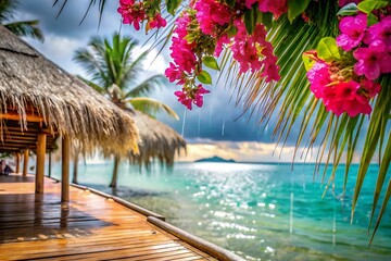 Tropical beach bungalow with pink flowers and rain over the ocean